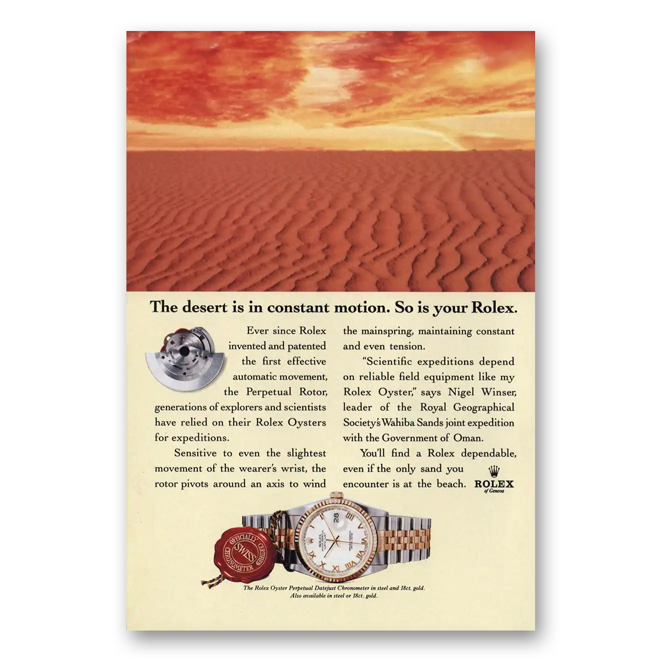 1996 Rolex Desert Is In Constant Motion Vintage Magazine Print Ad