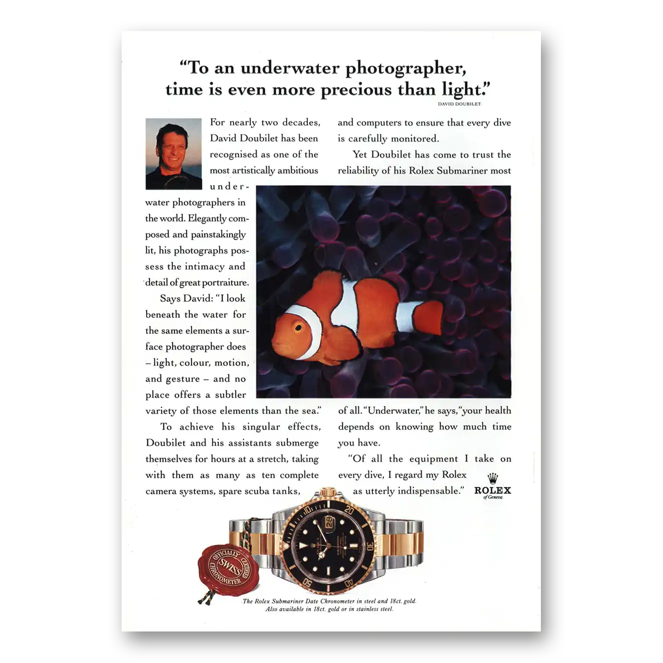 1996 Rolex Underwater Photographer Time Is Even More Precious Vintage Magazine Print Ad