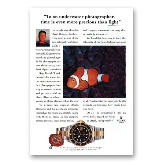 1996 Rolex Underwater Photographer Time Is Even More Precious Vintage Magazine Print Ad