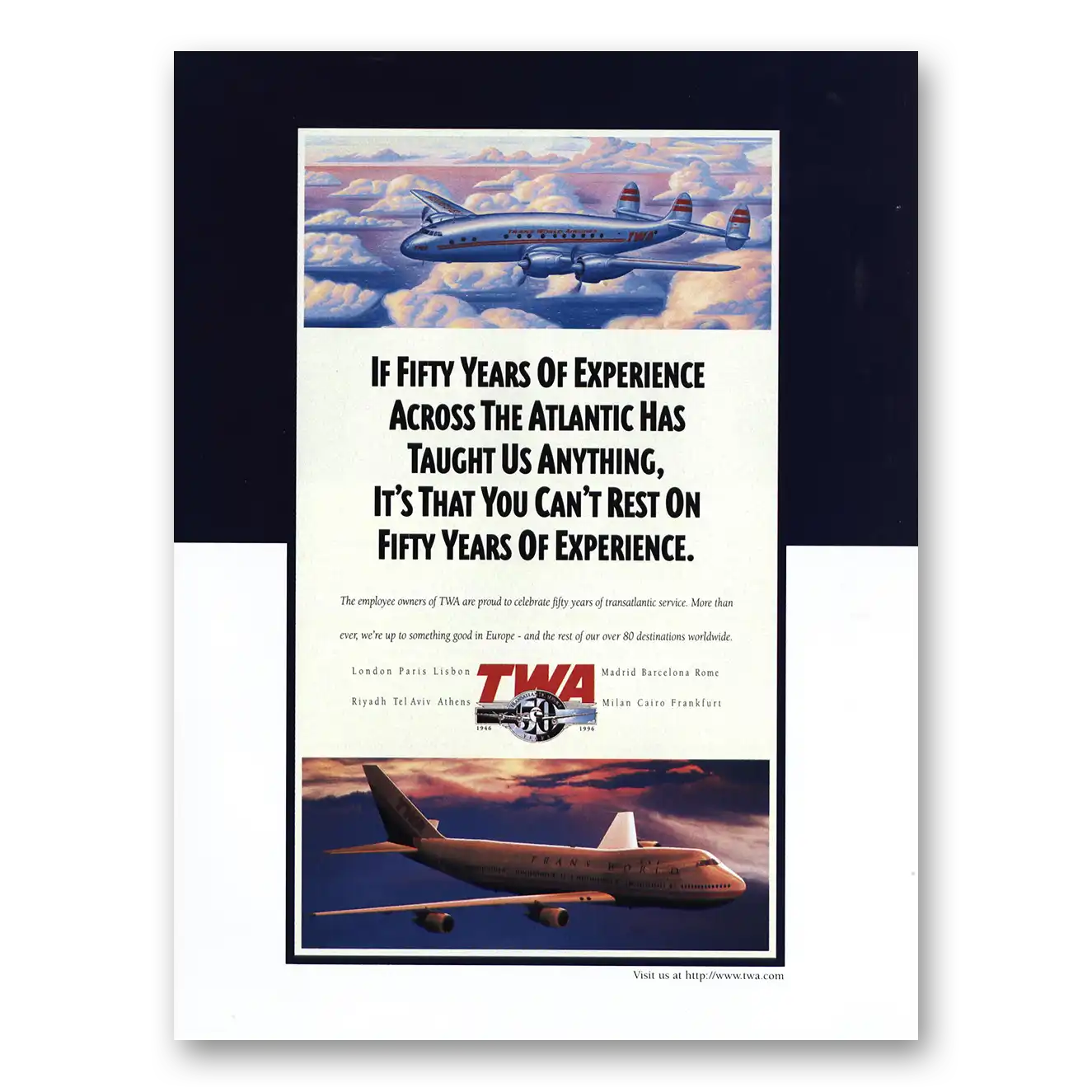 1996 TWA Airlines Fifty Years of Experience Across Atlantic Vintage Magazine Print Ad