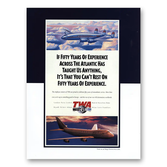 1996 TWA Airlines Fifty Years of Experience Across Atlantic Vintage Magazine Print Ad