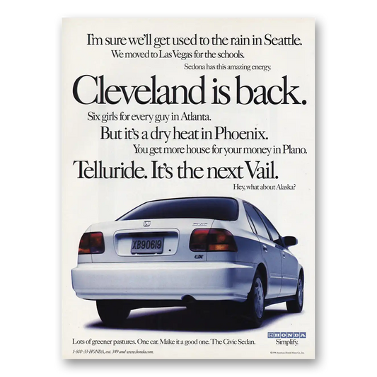 1997 Honda Civic Cleveland Is Back Vintage Magazine Print Ad