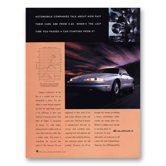 1996 Oldsmobile Aurora Snappy Acceleration Off the Line Vintage Magazine Print Ad