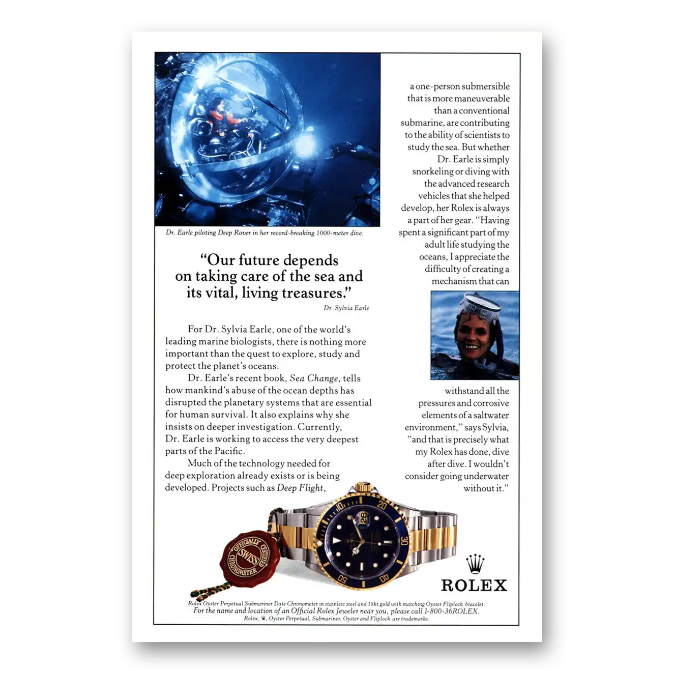 1997 Rolex Sylvia Earle Taking Care of the Sea Vintage Magazine Print Ad