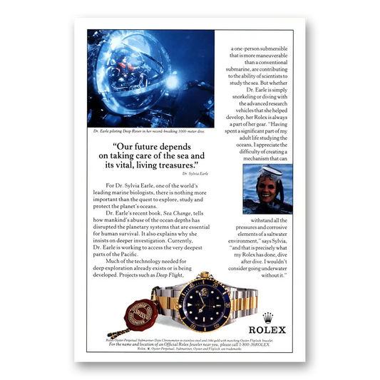 1997 Rolex Sylvia Earle Taking Care of the Sea Vintage Magazine Print Ad