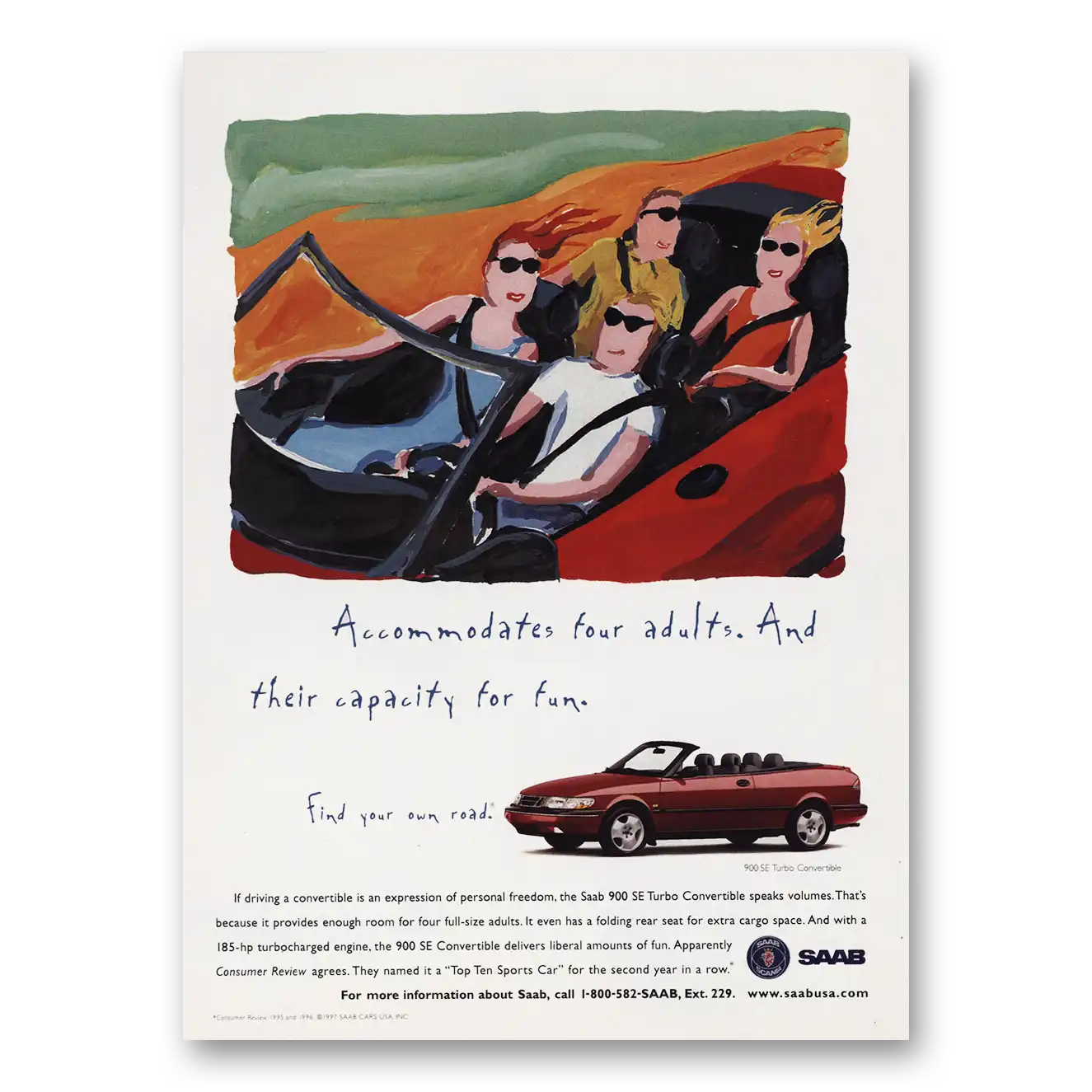 1997 Saab Accomodates Four Adults Vintage Magazine Print Ad