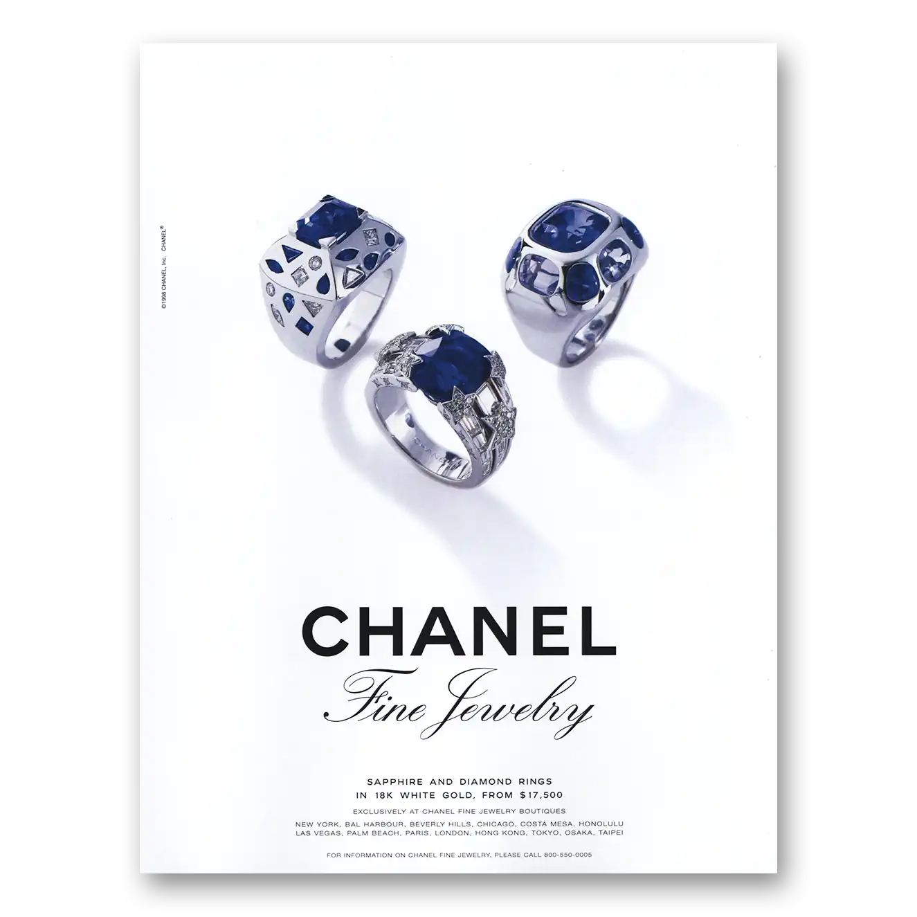 1998 Chanel Jewelry Fine Jewelry Sapphire and Diamond Rings Vintage Magazine Print Ad