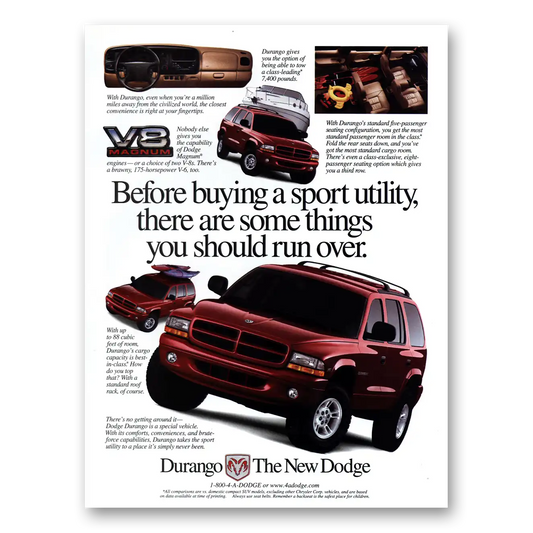 1998 Dodge Durango Things You Should Run Over Vintage Magazine Print Ad