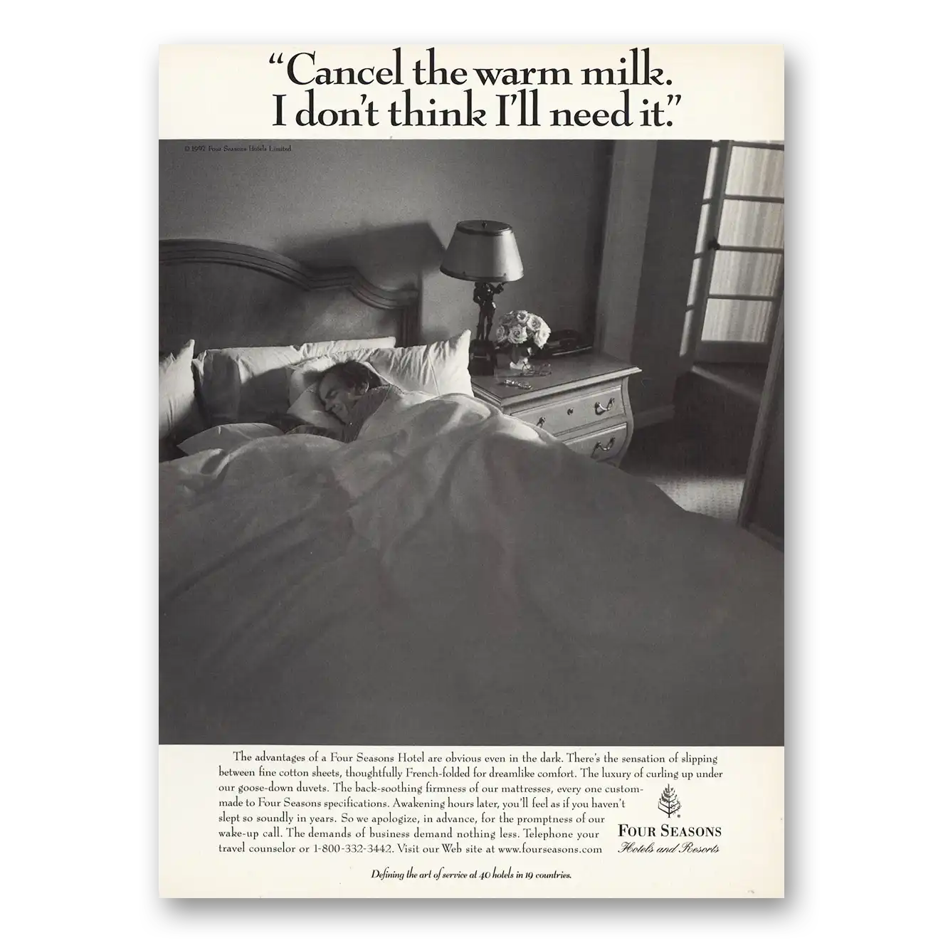 1998 Four Seasons Hotel Cancel the Warm Milk Vintage Magazine Print Ad