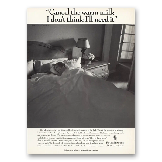 1998 Four Seasons Hotel Cancel the Warm Milk Vintage Magazine Print Ad