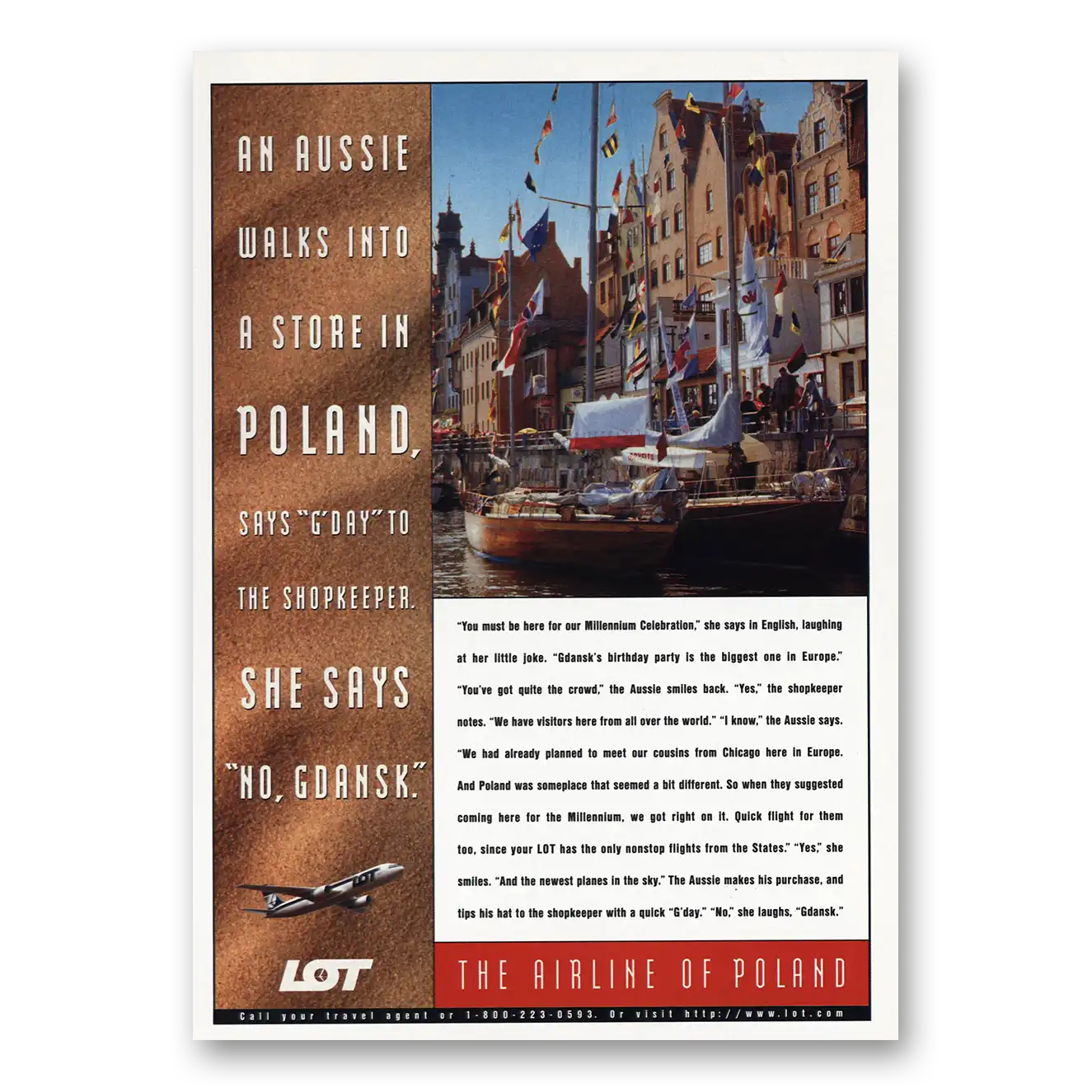 1998 LOT Airline of Poland An Aussie Walks Into Store Vintage Magazine Print Ad