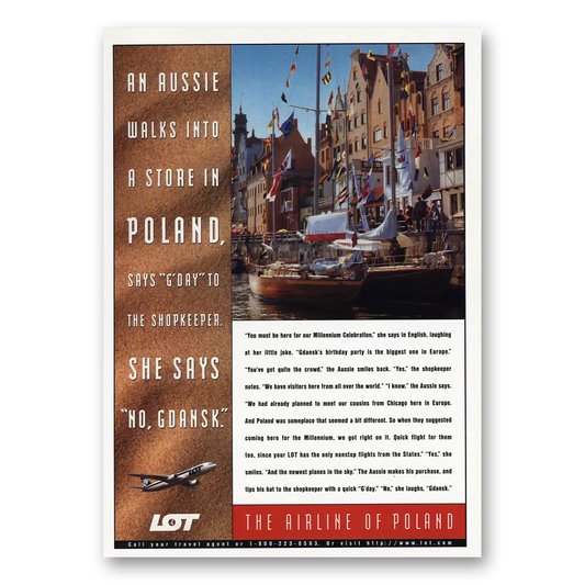 1998 LOT Airline of Poland An Aussie Walks Into Store Vintage Magazine Print Ad