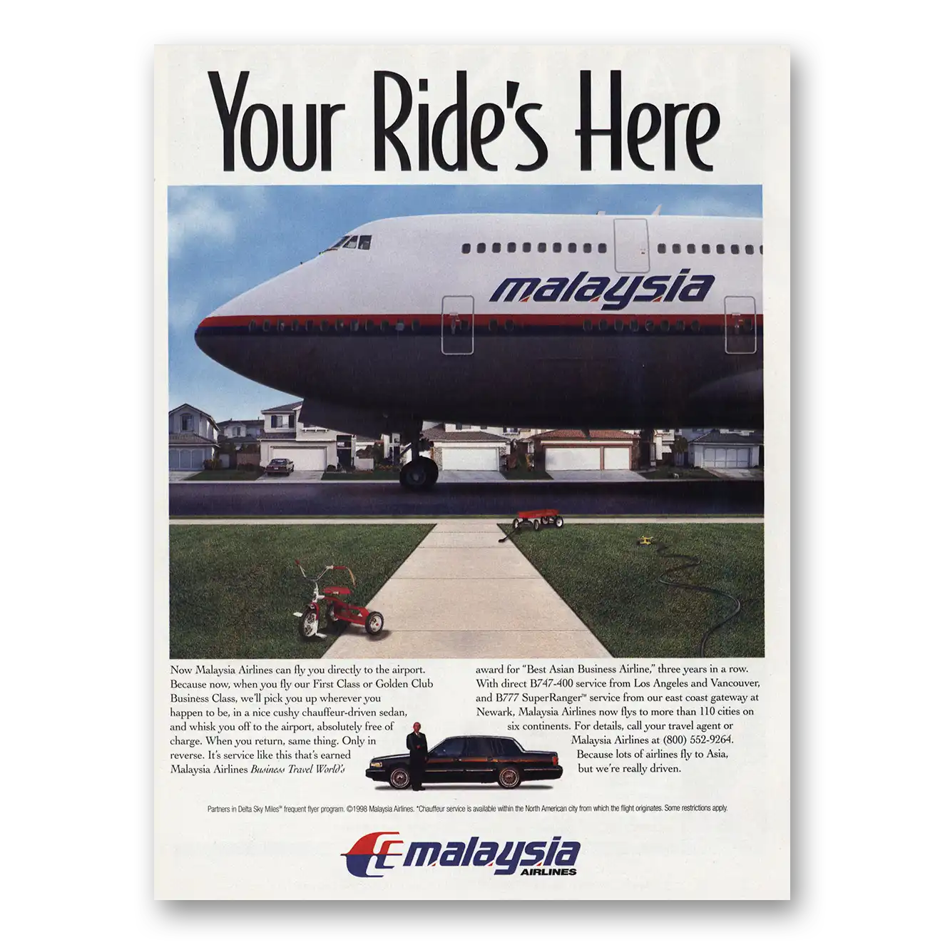 1998 Malaysia Airlines Your Rides Here Vintage Magazine Print Ad