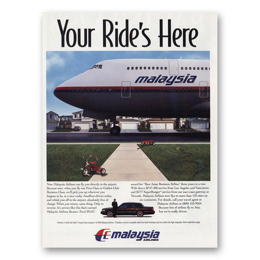 1998 Malaysia Airlines Your Rides Here Vintage Magazine Print Ad