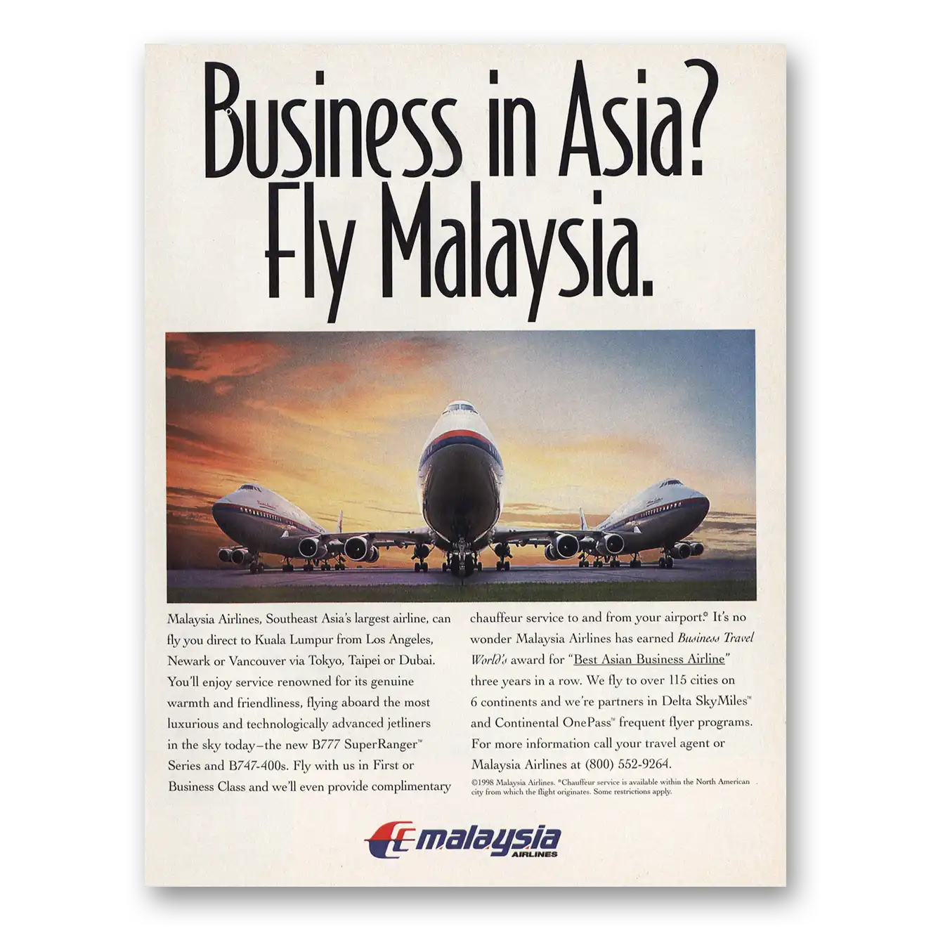 1998 Malaysia Airlines Business In Asia Vintage Magazine Print Ad