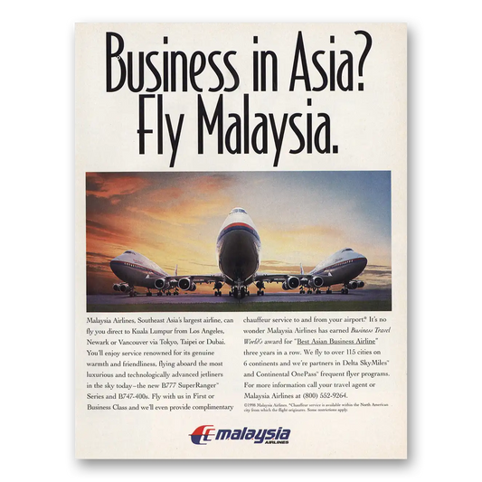 1998 Malaysia Airlines Business In Asia Vintage Magazine Print Ad