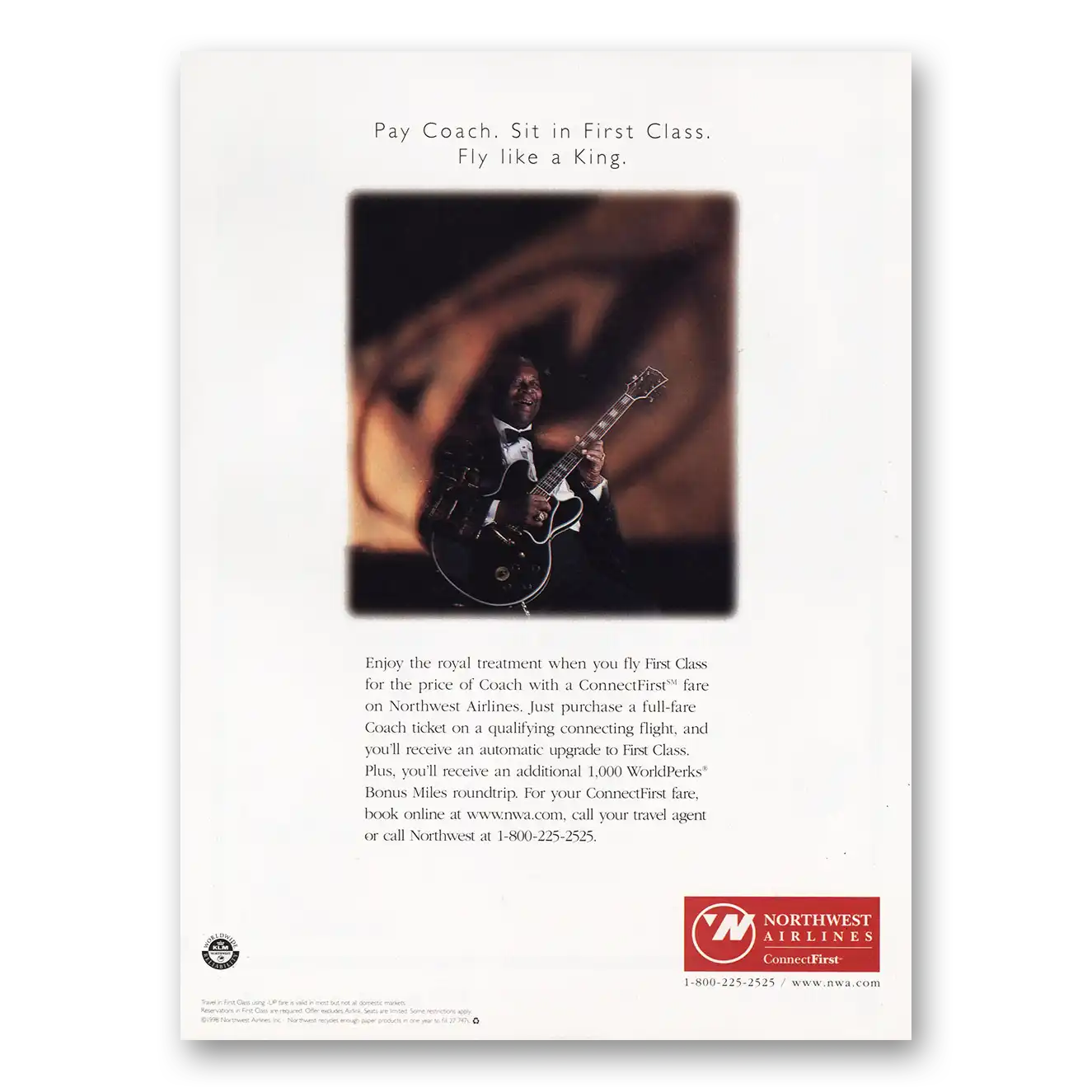 1998 Northwest Airlines BB King Fly Like a King Vintage Magazine Print Ad