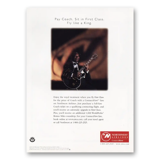 1998 Northwest Airlines BB King Fly Like a King Vintage Magazine Print Ad