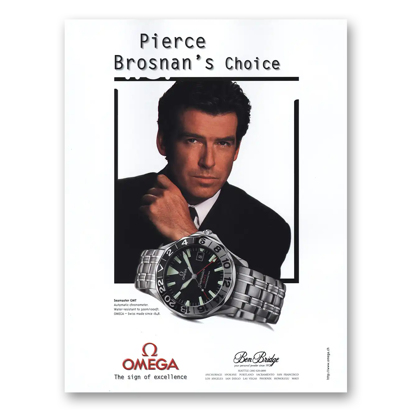 1998 Omega Seamaster Watch GMT Pierce Brosnan Vintage Magazine Print Ad