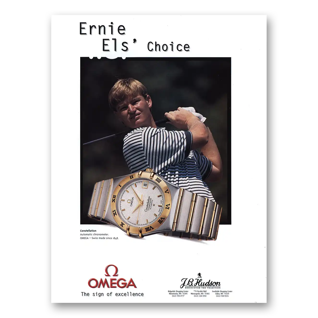 1998 Omega Watch Constellation Watch Ernie Els Choice Vintage Magazine Print Ad