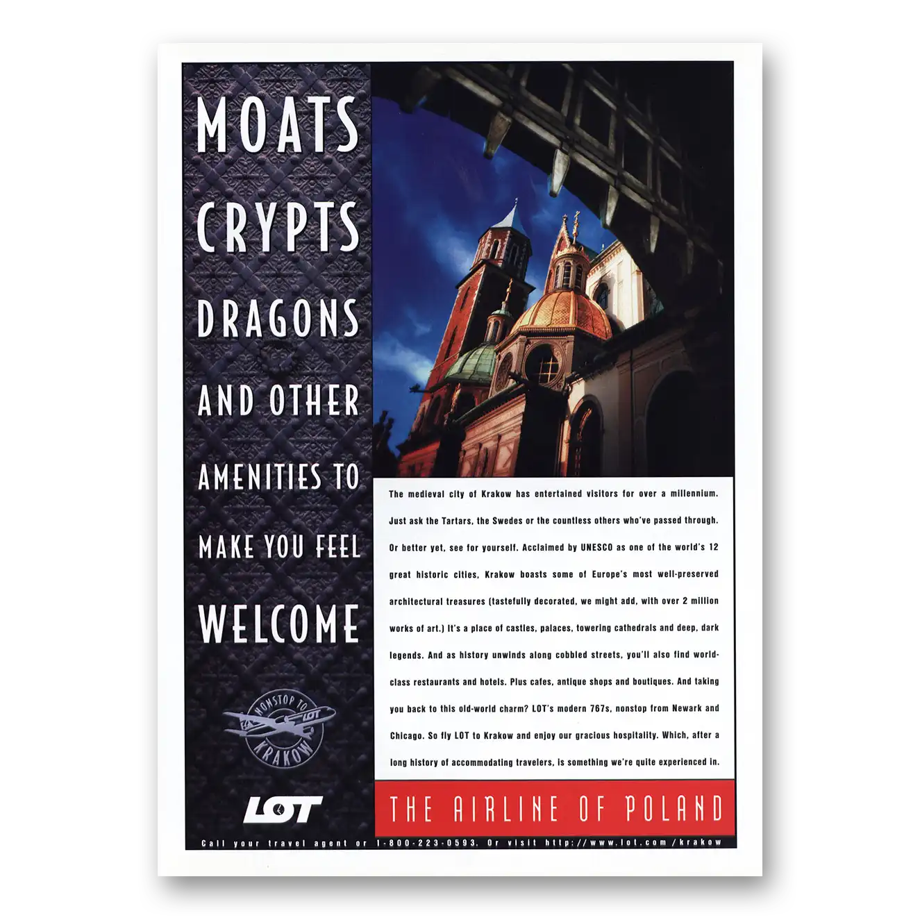 1998 LOT Airline of Poland Moats Crypts Dragons Vintage Magazine Print Ad