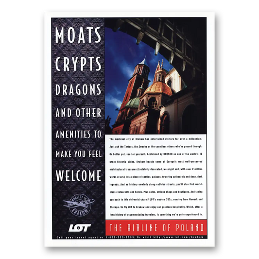 1998 LOT Airline of Poland Moats Crypts Dragons Vintage Magazine Print Ad