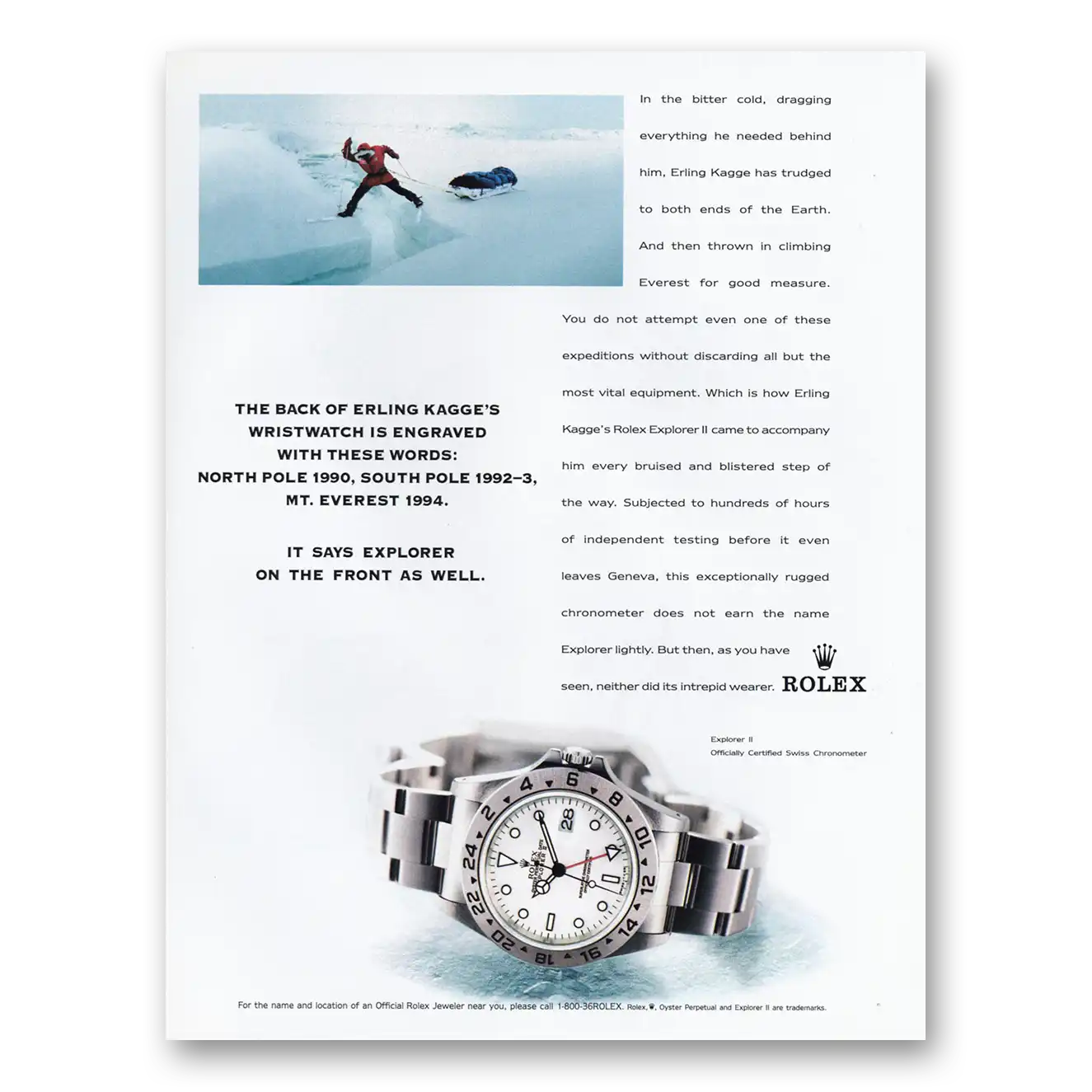 1998 Rolex Earling Kagge North Pole Vintage Magazine Print Ad