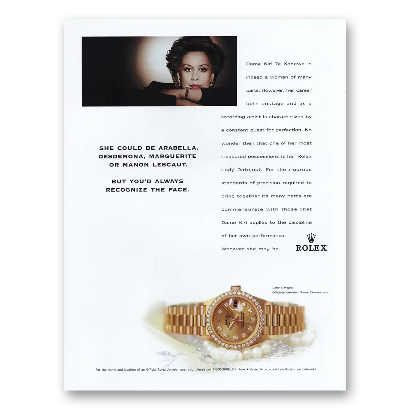 1998 Rolex Dame Kiri Te Kanawa Vintage Magazine Print Ad