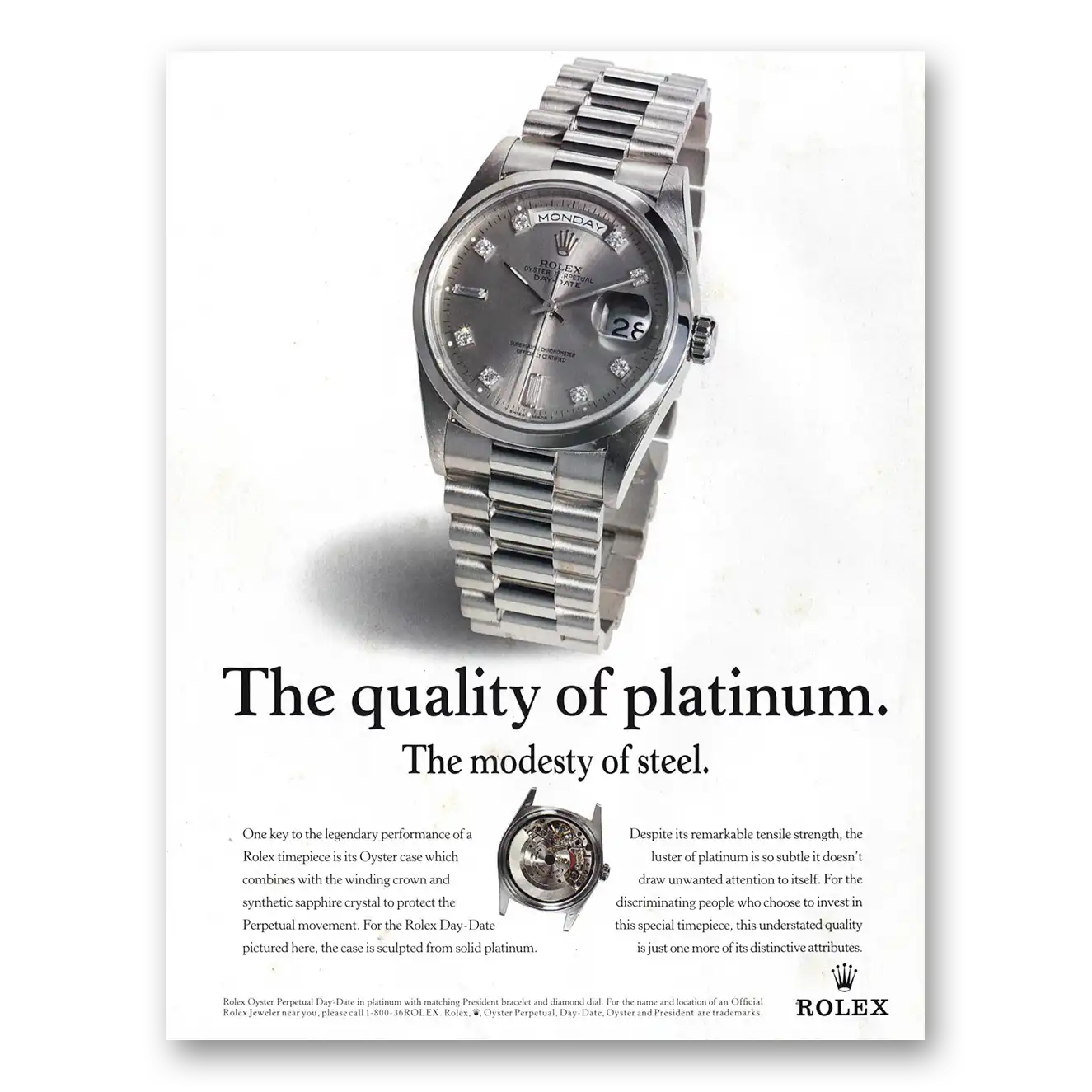 1998 Rolex Quality of Platinum Modesty of Steel Vintage Magazine Print Ad