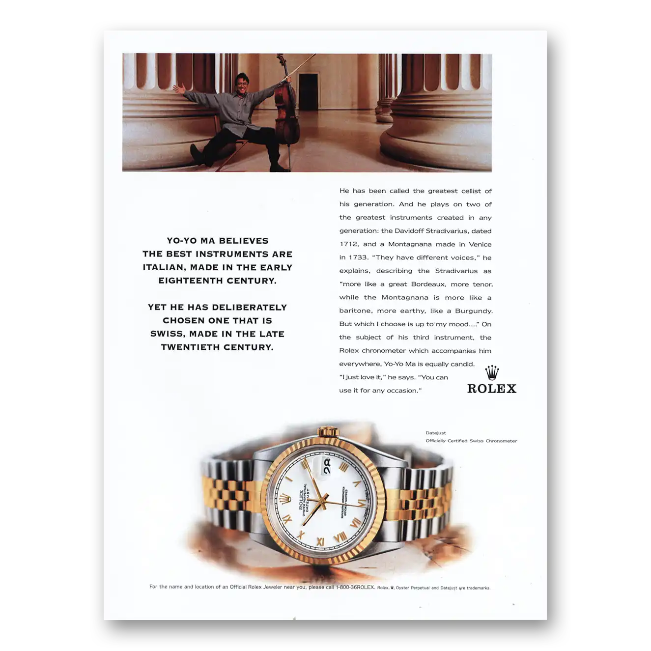 1998 Rolex Datejust Watch Yo Yo Ma Vintage Magazine Print Ad