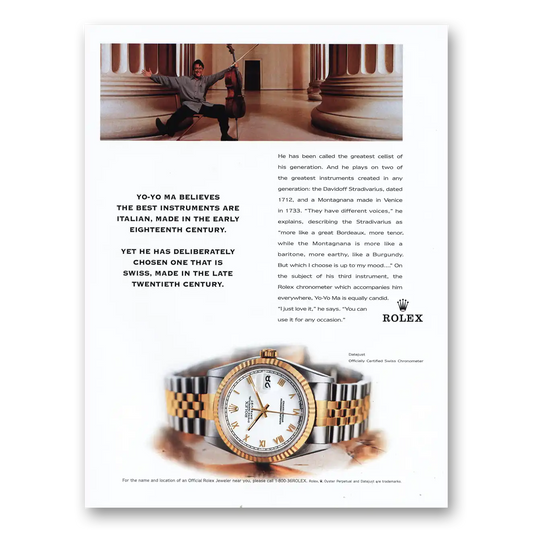 1998 Rolex Datejust Watch Yo Yo Ma Vintage Magazine Print Ad