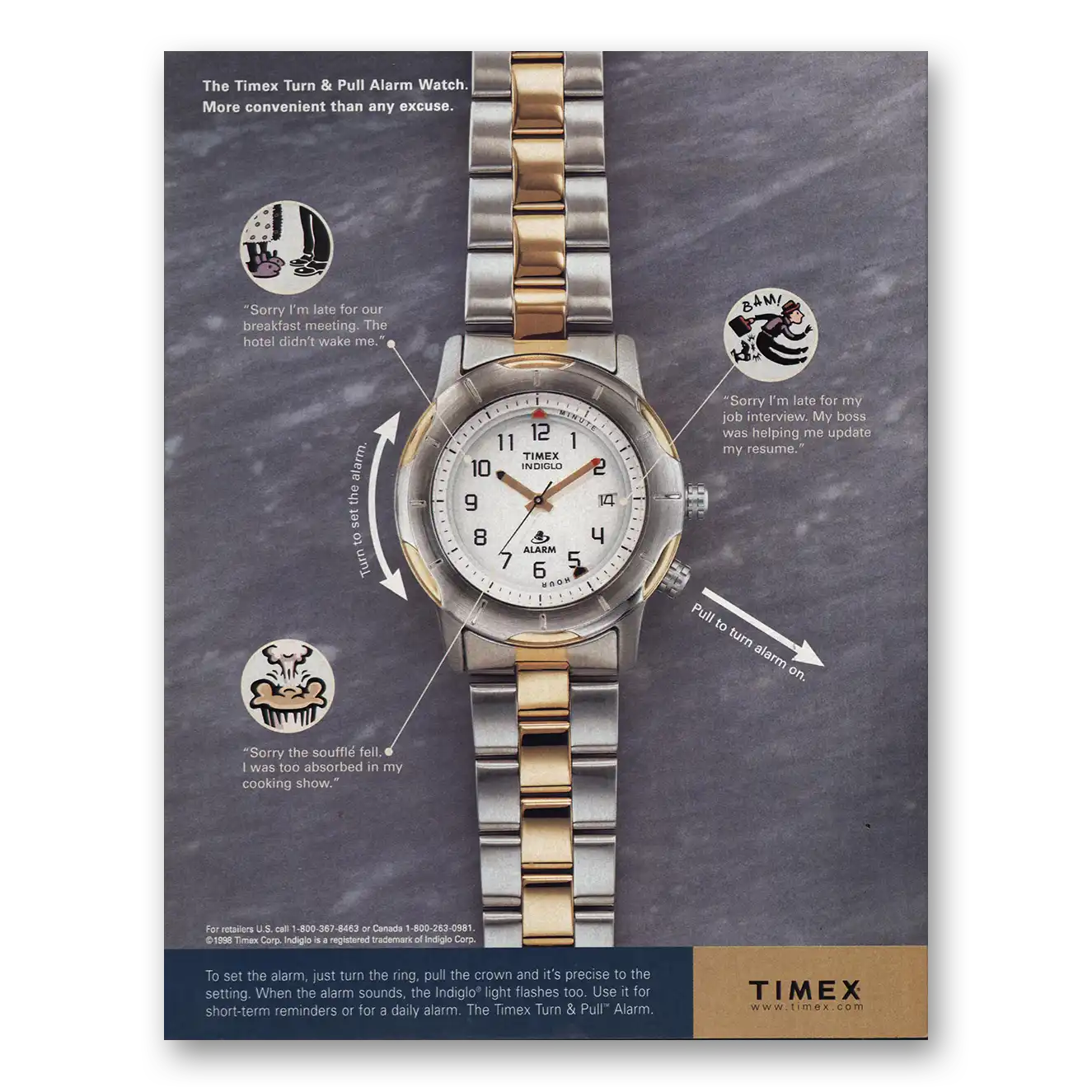 1998 Timex Watch Turn and Pull Alarm Vintage Magazine Print Ad