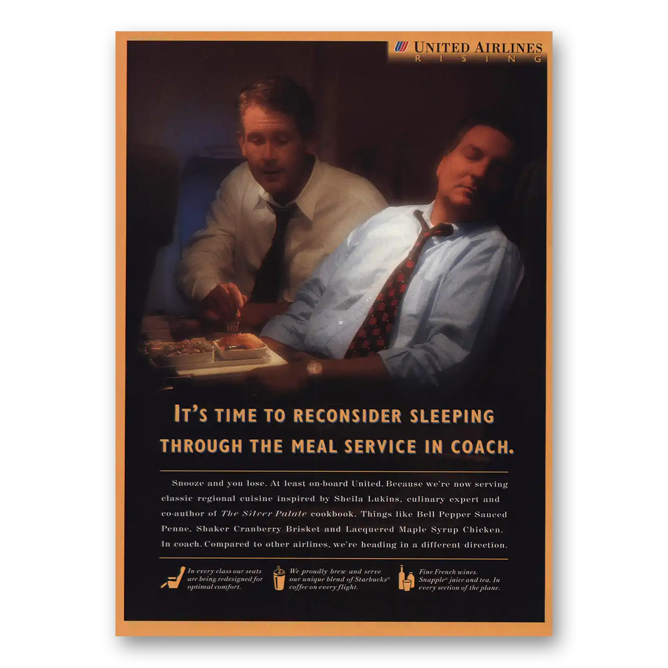 1998 United Airlines Reconsider Sleeping In Coach Vintage Magazine Print Ad