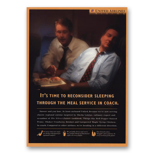 1998 United Airlines Reconsider Sleeping In Coach Vintage Magazine Print Ad