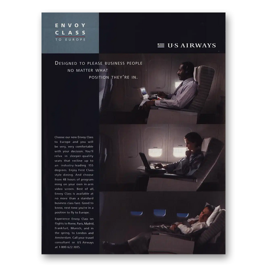 1998 US Air Envoy Class Vintage Magazine Print Ad