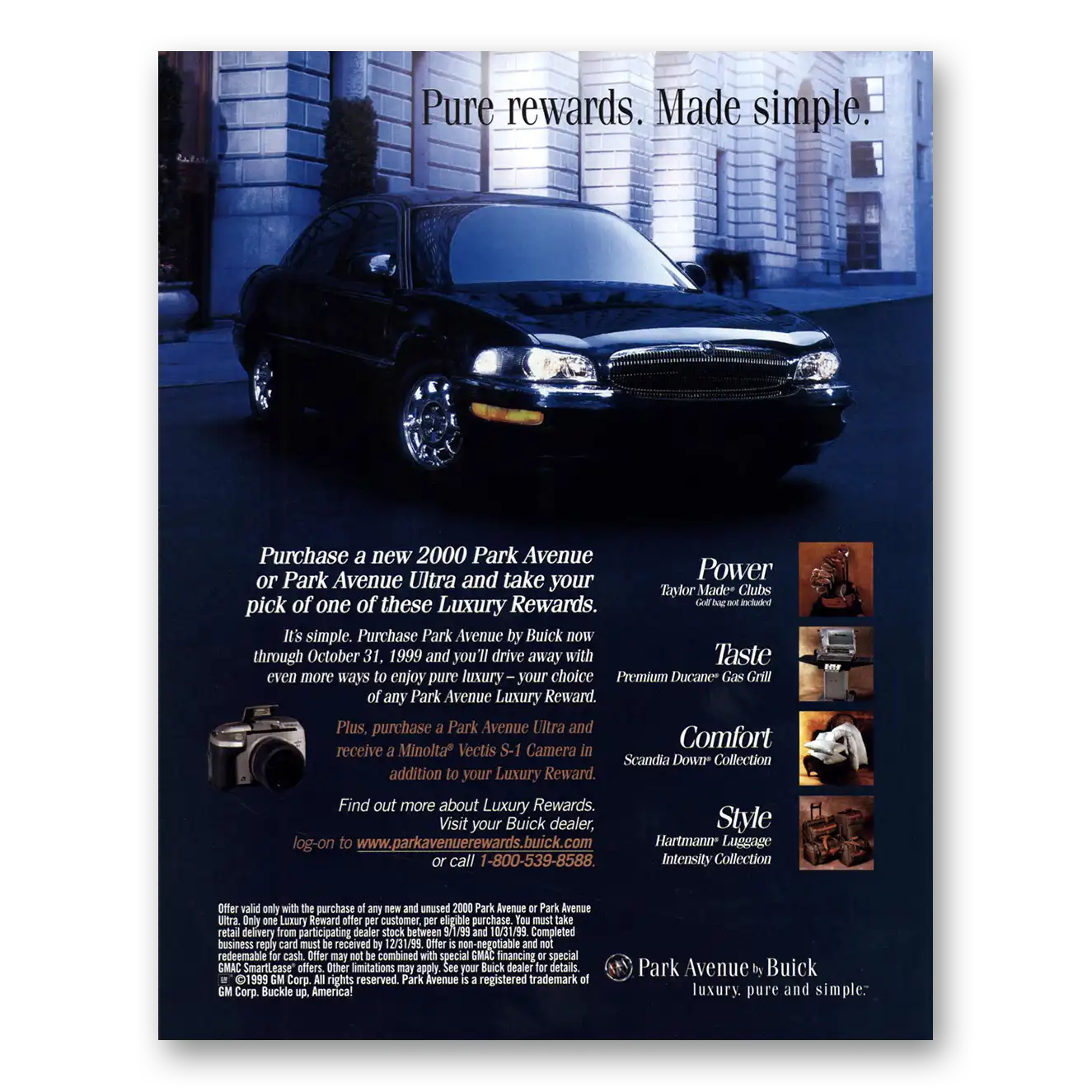 1999 Buick Park Avenue Pure Rewards Made Simple Vintage Magazine Print Ad