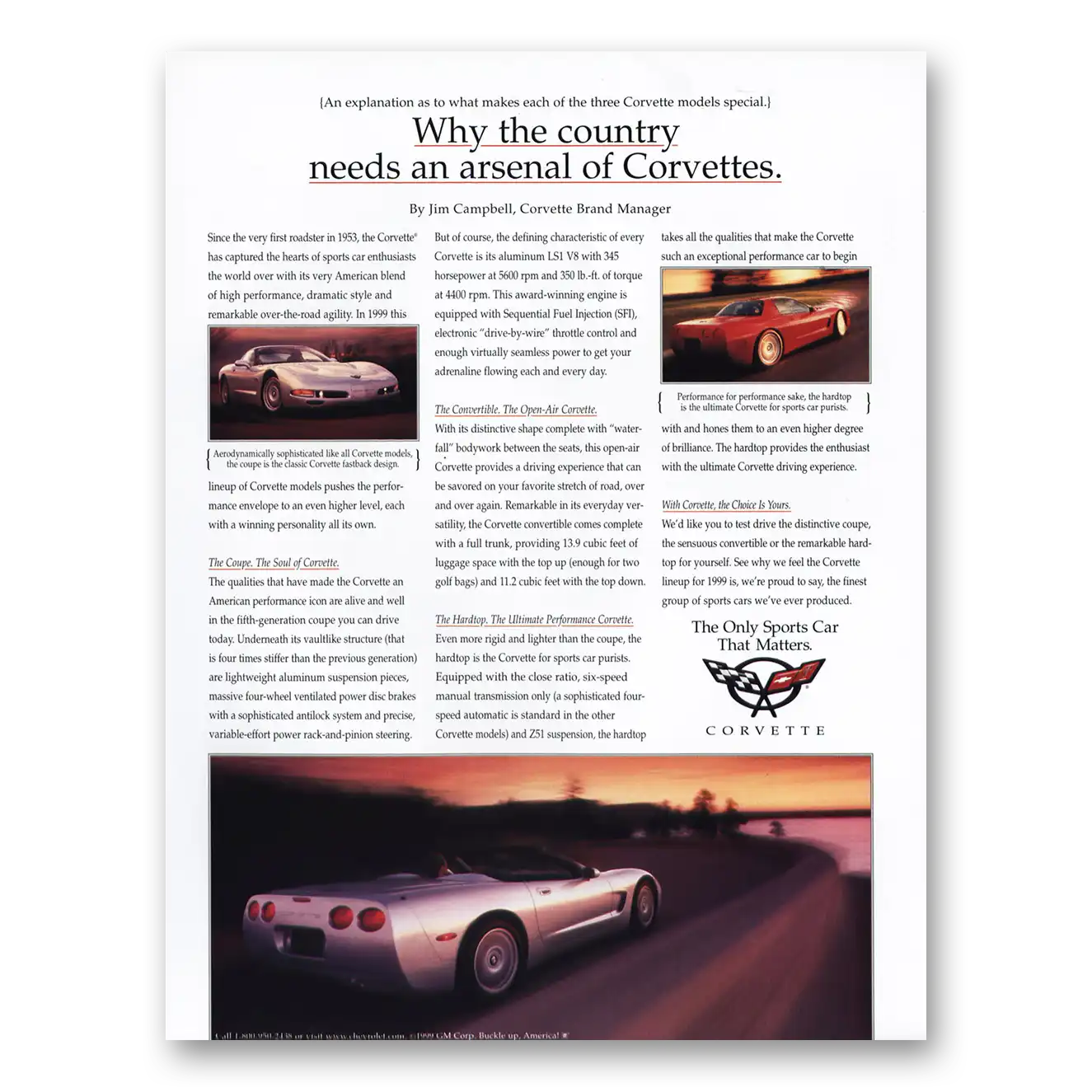 1999 Chevrolet Corvette Country Needs an Arsenal Vintage Magazine Print Ad