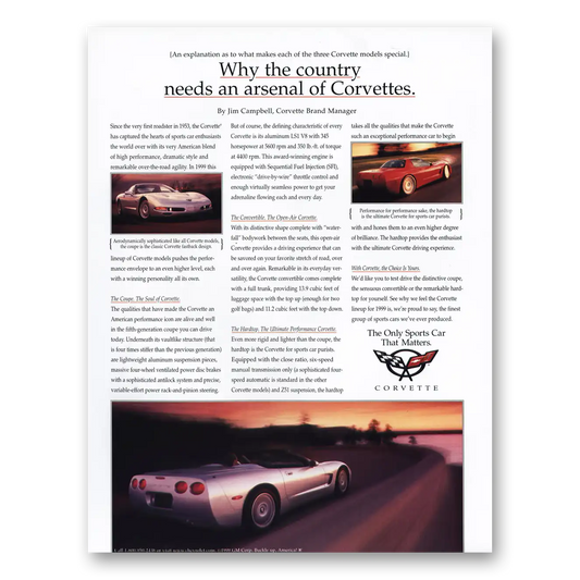 1999 Chevrolet Corvette Country Needs an Arsenal Vintage Magazine Print Ad