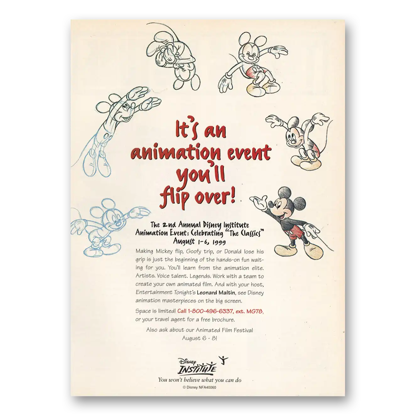 1999 Disney Institute Animation Event Vintage Magazine Print Ad