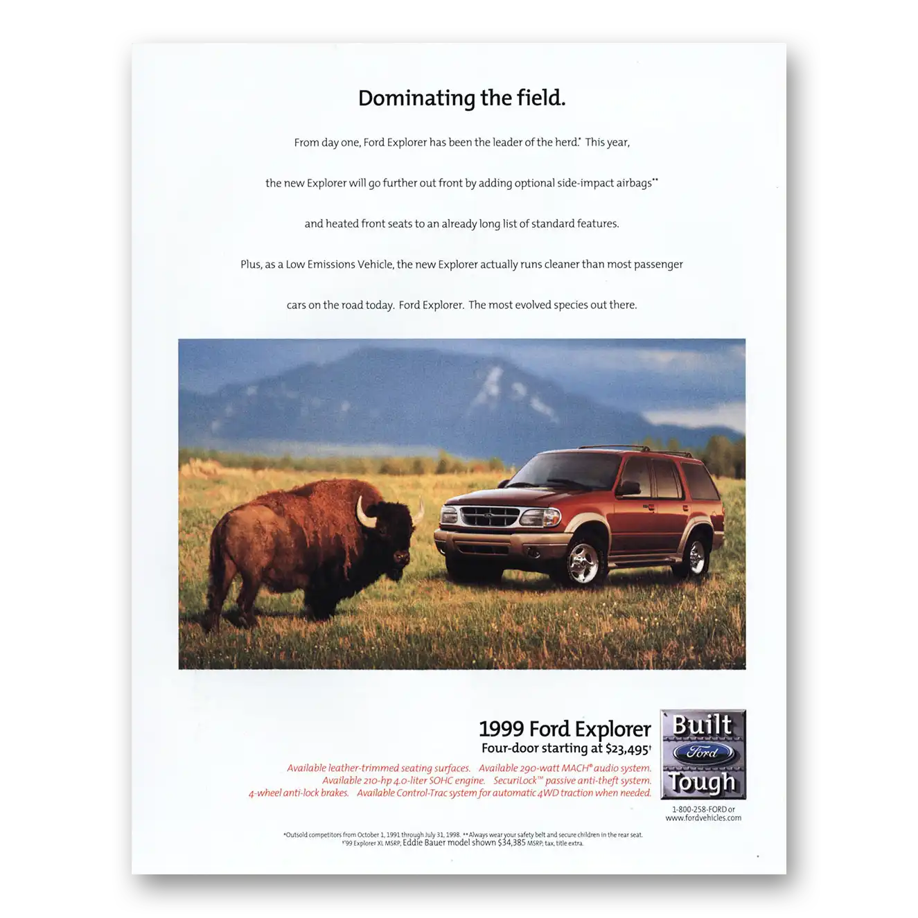 1999 Ford Explorer Dominating the Field Vintage Magazine Print Ad