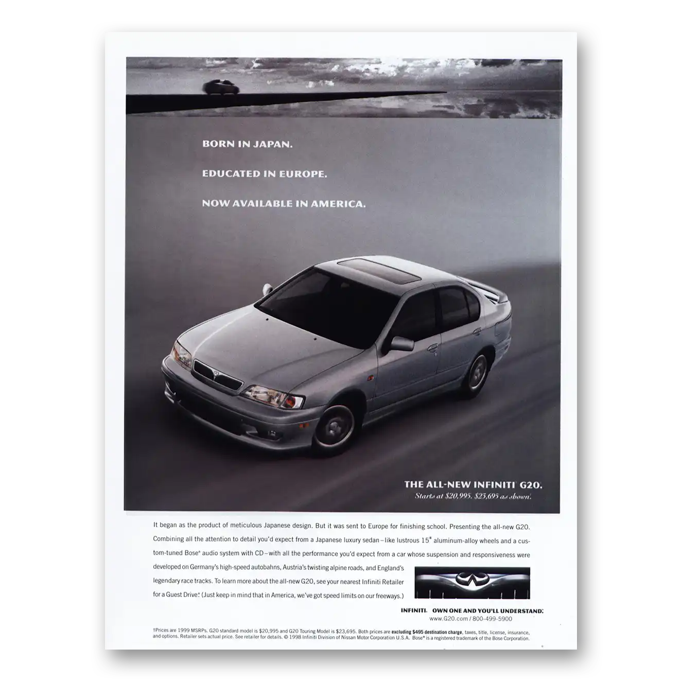 1998 Infiniti G20 Born In Japan Educated In Europe Vintage Magazine Print Ad