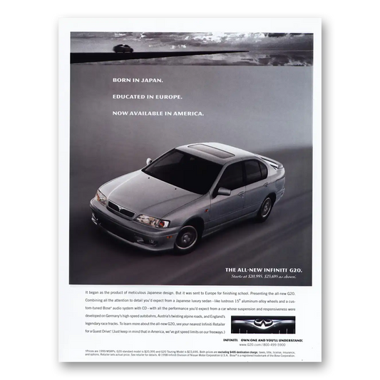 1998 Infiniti G20 Born In Japan Educated In Europe Vintage Magazine Print Ad