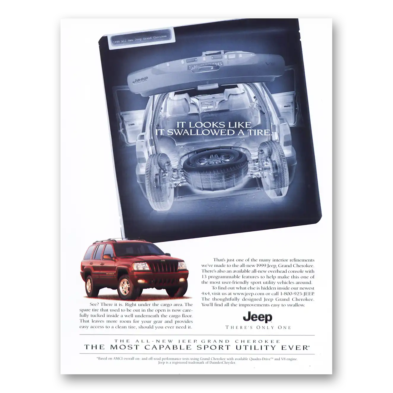 1999 Jeep Grand Cherokee Looks Like It Swallowed a Tire Vintage Magazine Print Ad