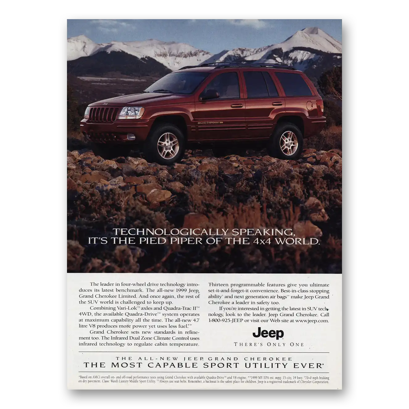 1999 Jeep Grand Cherokee Technologically Speaking Vintage Magazine Print Ad