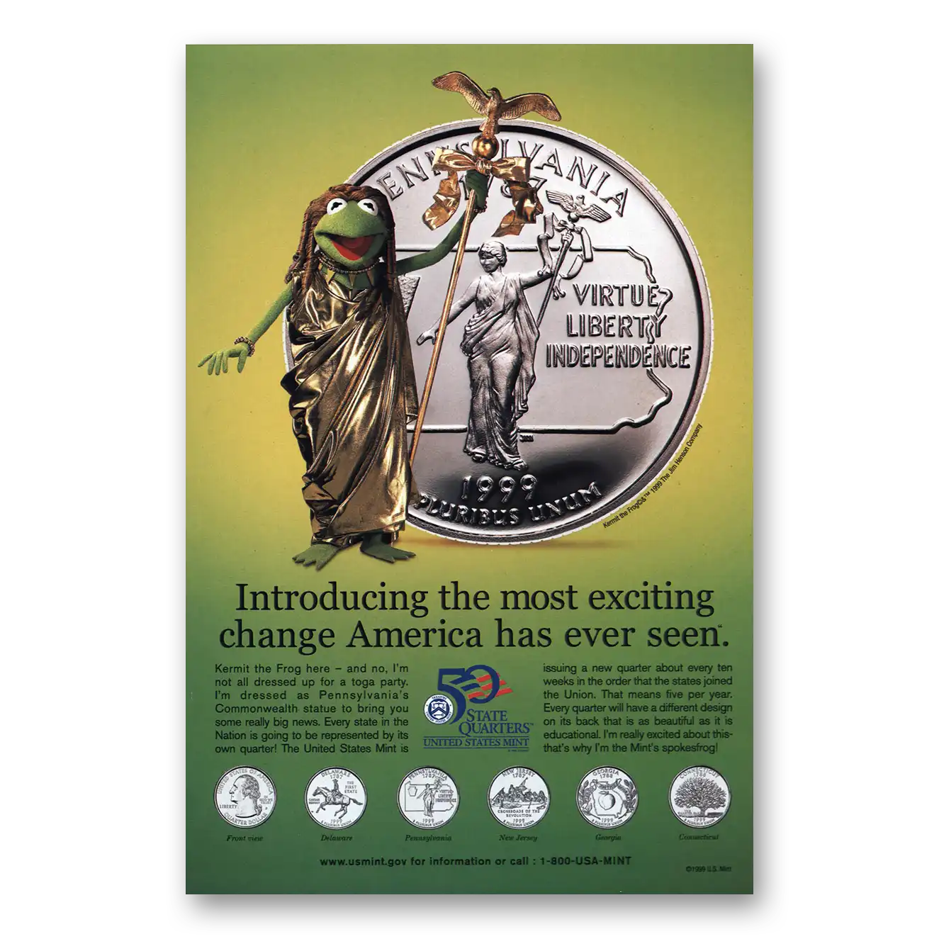 1999 US Mint Most Exciting Change Kermit the Frog Vintage Magazine Print Ad