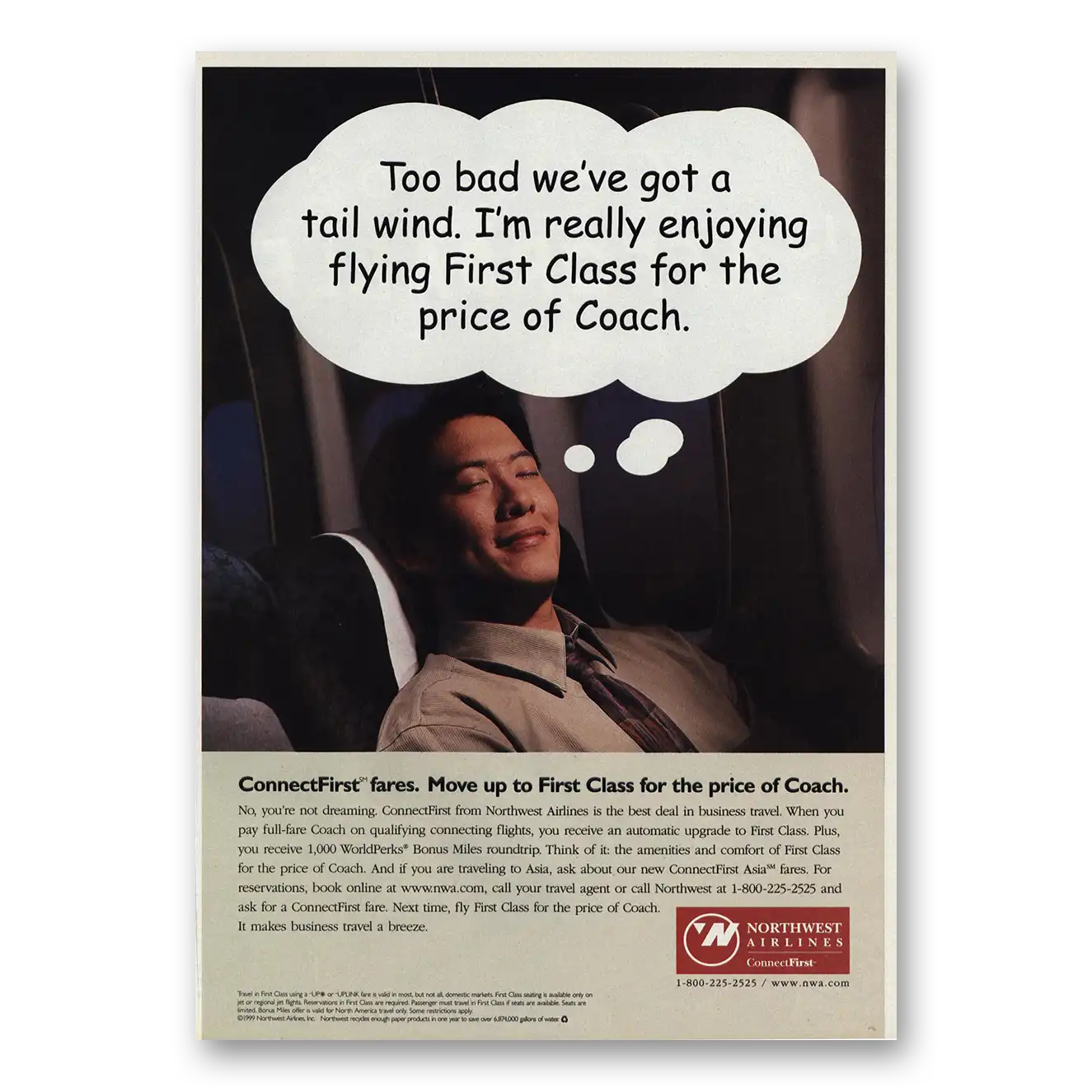 1999 Northwest Airlines Too Bad We've Got a Tail Wind Vintage Magazine Print Ad