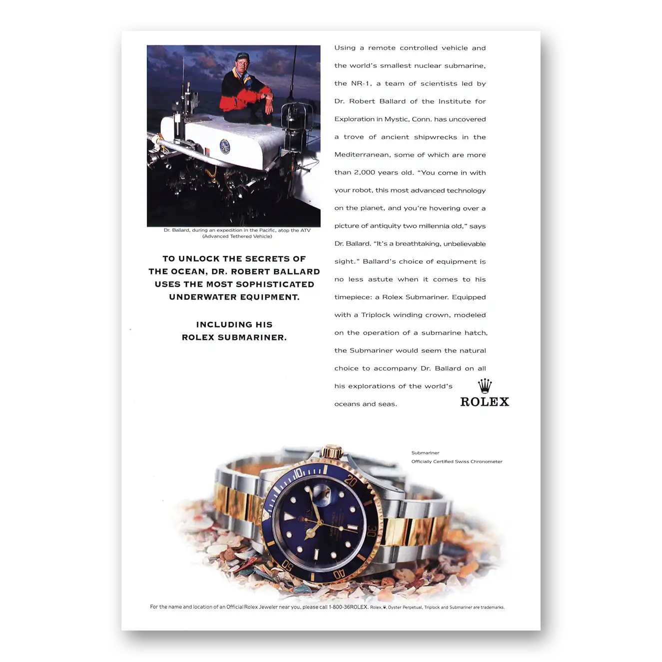 1999 Rolex Unclock Secrets of Ocean Vintage Magazine Print Ad