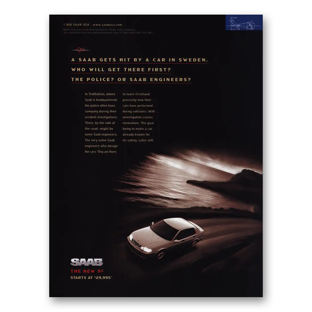 1999 Saab Gets Hit By a Car In Sweden Vintage Magazine Print Ad