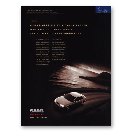 1999 Saab Gets Hit By a Car In Sweden Vintage Magazine Print Ad