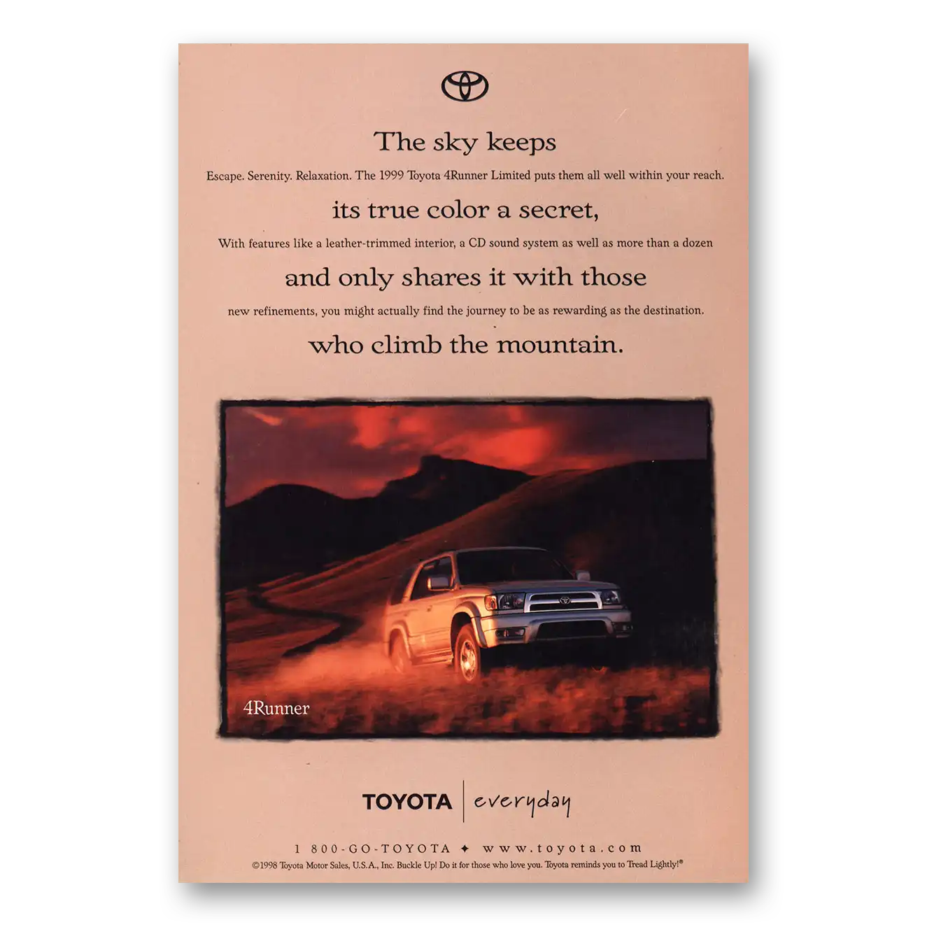 1999 Toyota 4Runner The Sky Keeps Vintage Magazine Print Ad